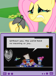 Size: 563x752 | Tagged: safe, fluttershy, pegasus, pony, g4, chaos heart, controller, count bleck, crying, dialogue, exploitable meme, female, fluttercry, gamershy, male, mare, mario, meme, nastasia, paper mario, sad, speech bubble, super mario, super paper mario, tippi, tv meme