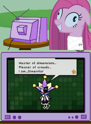 Size: 561x764 | Tagged: safe, pinkie pie, g4, derp, dialogue, dimentio, exploitable meme, insanity, male, mario, meme, nintendo, paper mario, pinkamena diane pie, speech bubble, super mario, super paper mario, television, tv meme