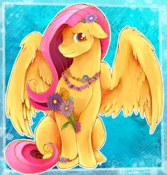Size: 800x837 | Tagged: dead source, safe, artist:catussnake, fluttershy, pegasus, pony, g4, bracelet, female, floral necklace, flower, flower in hair, jewelry, looking at you, mare, sitting, smiling, solo