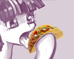 Size: 429x345 | Tagged: safe, artist:johnjoseco, edit, twilight sparkle, g4, ponies eating meat, taco, taco twilight