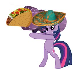 Size: 922x867 | Tagged: safe, twilight sparkle, pony, unicorn, g4, bipedal, cannon, cannon ponies, female, hat, mexican, rocket launcher, simple background, solo, sombrero, taco, taco twilight, transparent background, unicorn twilight