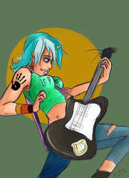 Size: 1450x2000 | Tagged: safe, artist:sundown, lyra heartstrings, human, fanfic:anthropology, g4, breasts, busty lyra heartstrings, electric guitar, elf ears, fanfic, fanfic art, female, guitar, handprint, horn, horned humanization, humanized, led zeppelin, lyre, musical instrument, rock (music), solo, tattoo