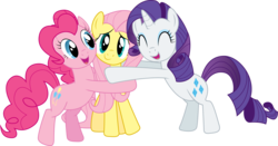 Size: 5000x2627 | Tagged: safe, artist:joey, fluttershy, pinkie pie, rarity, earth pony, pegasus, pony, unicorn, g4, ^^, bipedal, eyes closed, hug, open mouth, simple background, smiling, transparent background, trio, vector