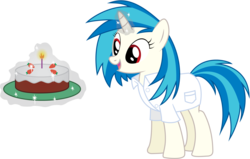 Size: 4500x2855 | Tagged: safe, artist:joey, dj pon-3, vinyl scratch, pony, unicorn, g4, berry, cake, candle, clothes, female, food, glowing horn, hooves, horn, levitation, magic, mare, open mouth, simple background, solo, strawberry, telekinesis, transparent background, vector