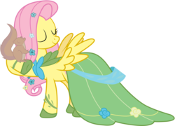 Size: 5000x3601 | Tagged: safe, artist:joey, fluttershy, pegasus, pony, squirrel, g4, the best night ever, clothes, dress, eyes closed, female, gala dress, mare, simple background, solo, spread wings, transparent background, vector, wings