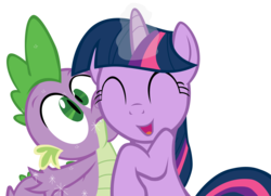 Size: 4373x3160 | Tagged: safe, artist:joey, spike, twilight sparkle, dragon, pony, unicorn, g4, the return of harmony, duo, eyes closed, female, glowing horn, horn, hug, magic, magic aura, male, mare, open mouth, ship:twispike, shipping, simple background, straight, transparent background, vector