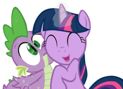 Size: 4373x3160 | Tagged: safe, artist:joey, spike, twilight sparkle, dragon, pony, unicorn, g4, my little pony: friendship is magic, the return of harmony, cute, duo, eyes closed, female, glowing horn, horn, hug, magic, magic aura, male, mare, open mouth, ship:twispike, shipping, simple background, straight, transparent background, twiabetes, unicorn twilight, vector