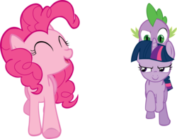 Size: 3000x2347 | Tagged: safe, artist:joey, pinkie pie, spike, twilight sparkle, dragon, earth pony, pony, unicorn, g4, high res, riding, simple background, spike riding twilight, transparent background, unicorn twilight, vector