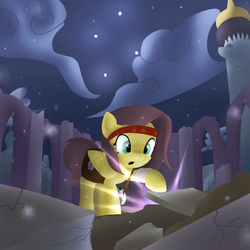 Size: 1200x1200 | Tagged: safe, artist:mattatatta, fluttershy, survivor shy, g4, canterlot, canterlot castle, ruins, snow, snowfall, tower