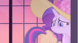 Size: 412x232 | Tagged: safe, screencap, pinkie pie, rarity, twilight sparkle, g4, sweet and elite, animated, birthday dress, clothes, dress, female, hat