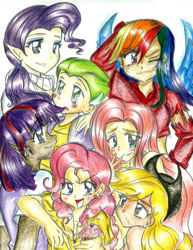 Size: 1391x1800 | Tagged: safe, artist:drawbauchery, applejack, fluttershy, pinkie pie, rainbow dash, rarity, spike, twilight sparkle, g4, mane seven, mane six, traditional art