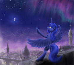 Size: 1758x1548 | Tagged: safe, artist:grayma1k, princess luna, alicorn, pony, g4, bipedal, canterlot, female, moon, night, solo, stars