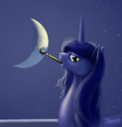 Size: 900x935 | Tagged: safe, artist:grayma1k, princess luna, alicorn, pony, g4, crescent moon, female, moon, mouth hold, paintbrush, painting, s1 luna, solo