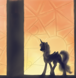 Size: 1000x1020 | Tagged: safe, artist:grayma1k, princess luna, alicorn, pony, g4, backlighting, female, solo, stained glass, sun, sunset