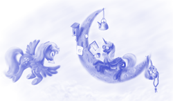 Size: 1500x876 | Tagged: safe, artist:grayma1k, derpy hooves, princess luna, alicorn, pegasus, pony, g4, bird house, crescent moon, female, flying, kettle, letter, mare, monochrome, moon, mouth hold, mug, s1 luna, tangible heavenly object, transparent moon