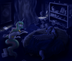 Size: 1398x1180 | Tagged: safe, artist:grayma1k, princess celestia, princess luna, alicorn, pony, g4, bed, blanket, book, bookshelf, duo, globe, paper, s1 luna, sisters, sleeping