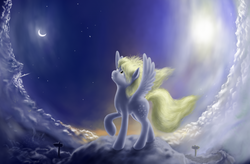 Size: 1526x1000 | Tagged: safe, artist:grayma1k, derpy hooves, pegasus, pony, g4, female, mare, moon, night, solo, stars