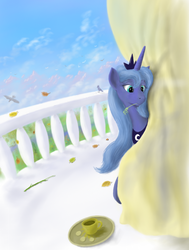 Size: 754x1000 | Tagged: safe, artist:grayma1k, princess luna, alicorn, pony, g4, balcony, curtains, female, hay stalk, mug, s1 luna, solo