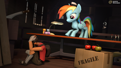 Size: 1920x1080 | Tagged: safe, artist:chaotrix, derpy hooves, rainbow dash, pegasus, pony, g4, 3d, apple, crossover, female, food, mare, scout (tf2), source filmmaker, team fortress 2