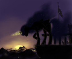 Size: 996x811 | Tagged: safe, artist:grayma1k, oc, oc only, oc:nyx, alicorn, pony, fanfic:past sins, backlighting, dark, flag, flagpole, nightmare nyx, solo, sun, sunrise