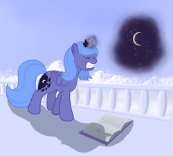 Size: 800x721 | Tagged: safe, artist:grayma1k, princess luna, alicorn, pony, g4, balcony, book, effort, eyes closed, female, gritted teeth, magic, s1 luna, solo