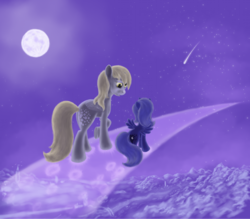 Size: 1500x1315 | Tagged: safe, artist:grayma1k, derpy hooves, princess luna, alicorn, pegasus, pony, g4, duo, female, filly, moon, shooting star, woona