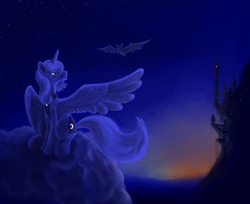 Size: 1000x814 | Tagged: safe, artist:grayma1k, princess luna, alicorn, bat, pony, g4, canterlot, female, night, s1 luna, solo