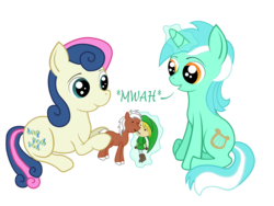 Size: 4000x3000 | Tagged: artist needed, source needed, safe, artist:e z, bon bon, lyra heartstrings, sweetie drops, earth pony, pony, unicorn, g4, bon bon the shipper, crossover, epona, female, filly, humie, kissing, link, lyra the shipper, mare, now kiss, ponified, puppet shipping, shipper on deck, simple background, the legend of zelda, transparent background