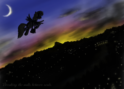 Size: 1000x714 | Tagged: safe, artist:grayma1k, derpy hooves, pegasus, pony, g4, city lights, crescent moon, female, flying, mailbag, mare, moon, silhouette, solo, twilight (astronomy)