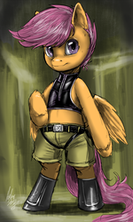 Size: 720x1200 | Tagged: safe, artist:aphexangel, scootaloo, pony, g4, bipedal, boots, clothes, costume, crossover, female, solo, vest