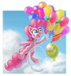 Size: 2242x2408 | Tagged: safe, artist:tavogdl, gummy, pinkie pie, g4, balloon, cloud, cloudy, duo, flying, high res, pet, sky, then watch her balloons lift her up to the sky