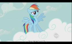 Size: 640x400 | Tagged: safe, screencap, rainbow dash, g4, the mysterious mare do well, fourth wall, hub logo, youtube caption