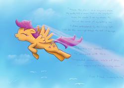 Size: 1500x1073 | Tagged: safe, artist:wdeleon, scootaloo, pegasus, pony, g4, alternate cutie mark, crying, eyes closed, female, filly, flying, happy, learning to fly, pink floyd, scootaloo can fly, solo, song reference, tears of joy