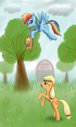 Size: 1500x2500 | Tagged: safe, artist:wdeleon, applejack, rainbow dash, earth pony, pegasus, pony, g4, accessory theft, apple tree, flying, rearing, tongue out, tree