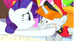 Size: 550x309 | Tagged: safe, screencap, bags valet, rarity, g4, sweet and elite, animated, atlas, bellhop pony, duo, face grab, female, male, sluggage, squishy cheeks