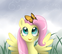 Size: 1500x1300 | Tagged: safe, artist:wdeleon, fluttershy, butterfly, pegasus, pony, g4, female, grass, looking up, solo, spread wings, wings