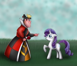 Size: 1280x1097 | Tagged: safe, artist:wdeleon, rarity, human, pony, unicorn, g4, alice in wonderland, crossover, grass, grass field, pointing, queen of hearts, raised hoof, scared