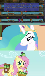 Size: 640x1080 | Tagged: safe, edit, edited screencap, screencap, fluttershy, princess celestia, frog, pegasus, pony, g4, celestia is not amused, comic, female, mare, terraria, unimpressed