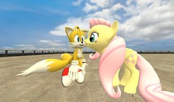 Size: 1024x600 | Tagged: dead source, safe, artist:louie123456789, fluttershy, g4, crossover, crossover shipping, female, fluttertails, gmod, interspecies, love, male, miles "tails" prower, shipping, sonic the hedgehog (series), straight
