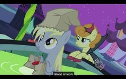 Size: 640x400 | Tagged: safe, screencap, carrot top, derpy hooves, golden harvest, pegasus, pony, g4, luna eclipsed, apple bobbing, female, literal hoof shoes, mare, youtube caption