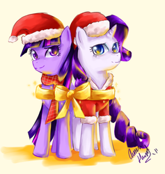Size: 972x1024 | Tagged: safe, artist:hungrychickens, rarity, twilight sparkle, g4, bow, christmas, clothes, hat, ribbon, santa hat, scarf