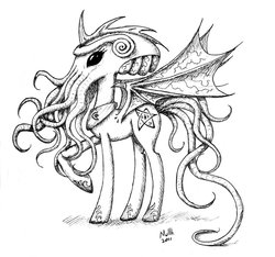 Size: 900x843 | Tagged: dead source, safe, artist:nullh, princess celestia, monster pony, pony, g4, black and white, crossover, cthulhu mythos, grayscale, lineart, monochrome, raised hoof, solo, traditional art