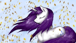 Size: 1600x900 | Tagged: dead source, safe, artist:spiritofthwwolf, rarity, pony, g4, autumn, eyes closed, female, leaves, solo