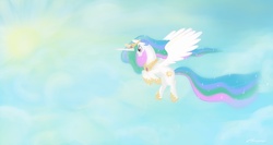 Size: 2258x1200 | Tagged: safe, artist:amethysthorn, princess celestia, pony, g4, female, flying, solo, sun