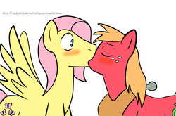 Size: 1000x660 | Tagged: safe, artist:caluriri, big macintosh, fluttershy, earth pony, pegasus, pony, g4, 30 minute art challenge, blushing, butterscotch, duo, female, kiss on the lips, kissing, macareina, male, rule 63, ship:butterreina, ship:fluttermac, shipping, straight