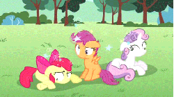 Size: 550x309 | Tagged: safe, screencap, apple bloom, scootaloo, sweetie belle, earth pony, pony, g4, ponyville confidential, animated, circling stars, cutie mark crusaders, female