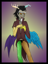 Size: 1759x2344 | Tagged: safe, artist:dawnmistpony, discord, human, g4, clothes, gradient background, horn, horned humanization, humanized, looking at you, male, signature, solo, winged humanization, wings