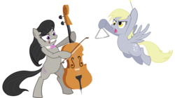 Size: 3004x1685 | Tagged: safe, artist:dawnmistpony, derpy hooves, octavia melody, earth pony, pegasus, pony, g4, bipedal, bow (instrument), cello, female, mare, musical instrument, simple background, transparent background, triangle, vector