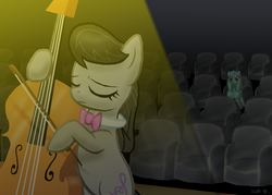 Size: 2100x1500 | Tagged: safe, artist:dawnmistpony, lyra heartstrings, octavia melody, g4, auditorium, cello, eyes closed, female, lesbian, music, musical instrument, ship:octyra, shipping, spotlight, stage