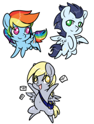 Size: 768x1008 | Tagged: safe, artist:rannarbananar, derpy hooves, rainbow dash, soarin', pegasus, pony, g4, chibi, female, letter, mail, mare, simple background, transparent background